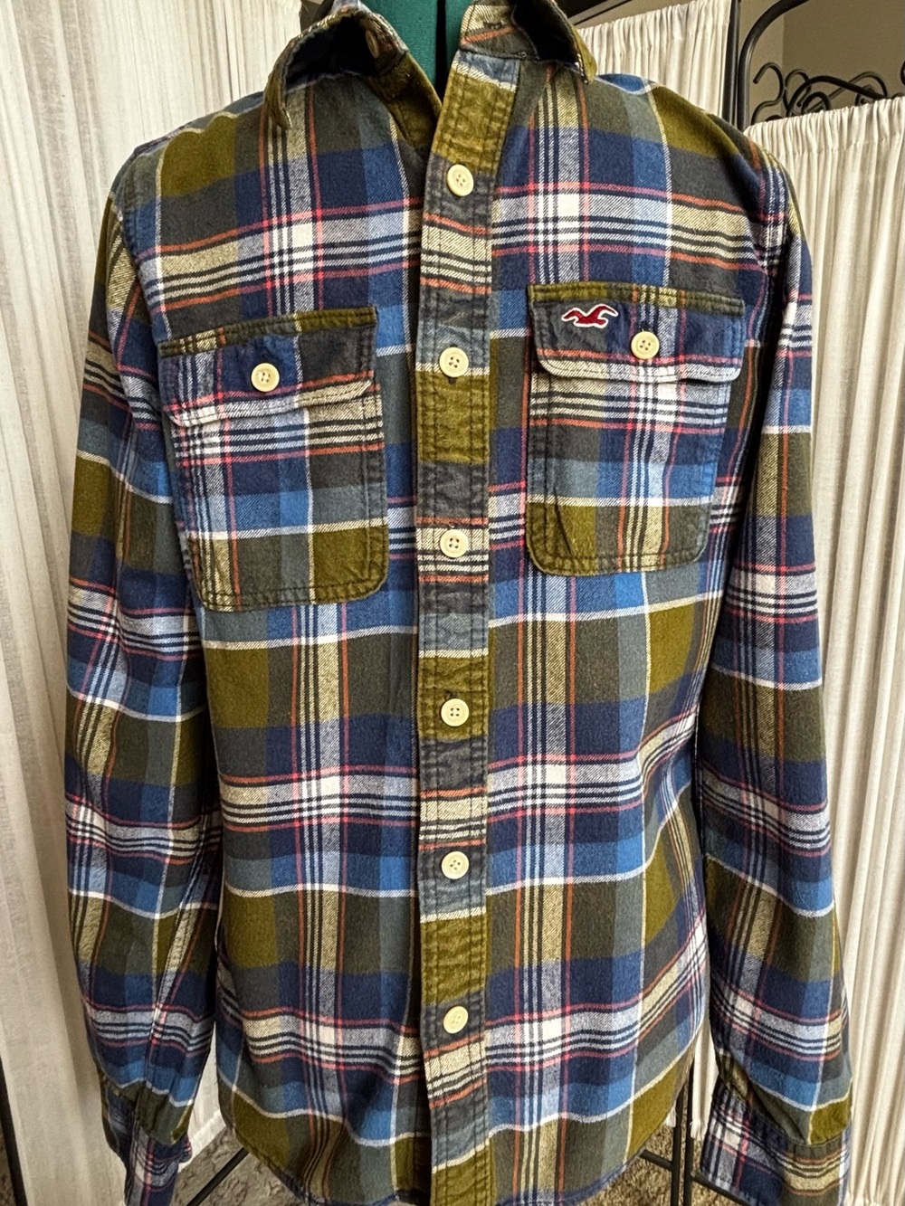 Hollister Olive, Blue & White Plaid Button-Down Shirt
